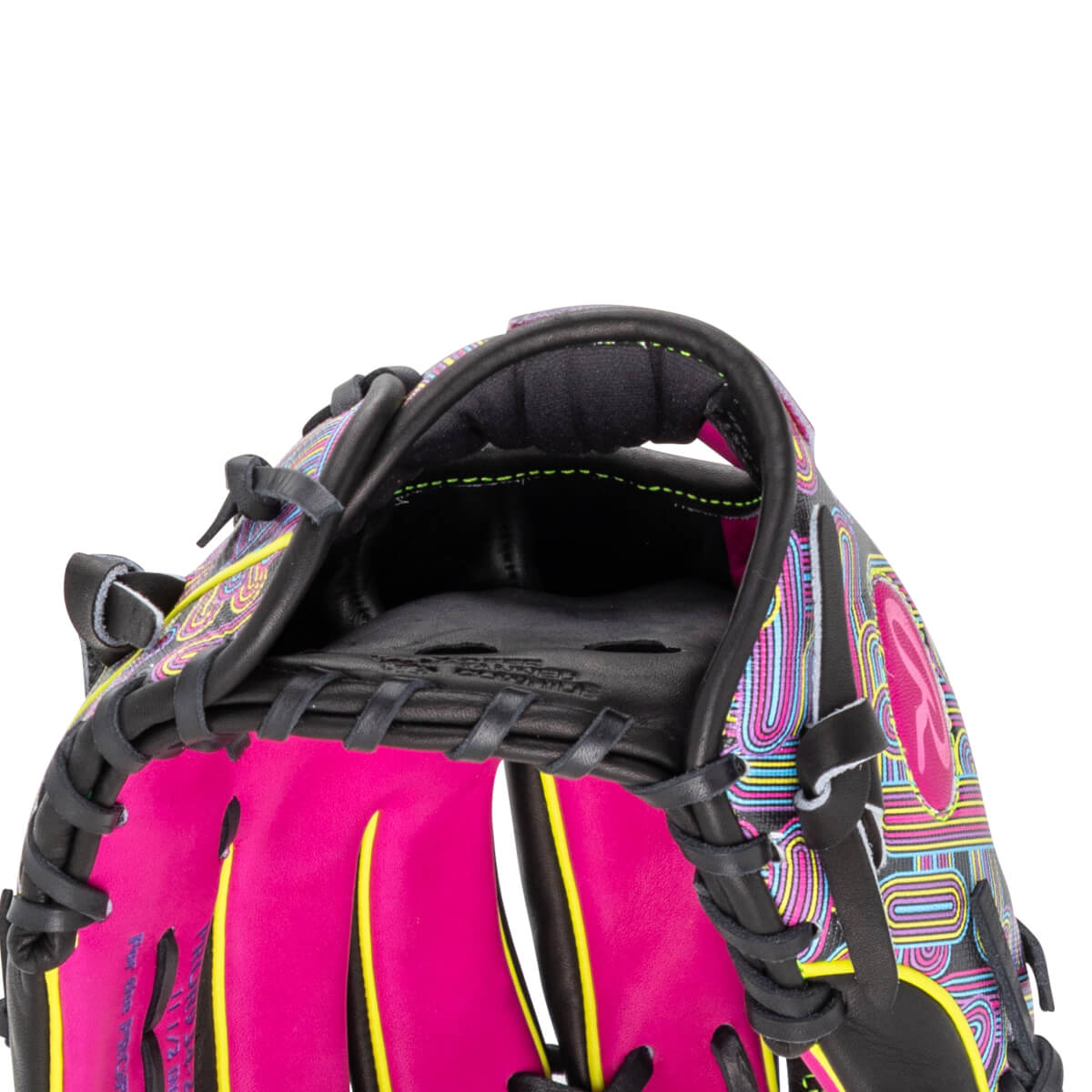Close-up of the wrist opening featuring black padding, pink interior leather, and a colorful swirl-patterned shell with yellow piping and "PRO204-2" text.