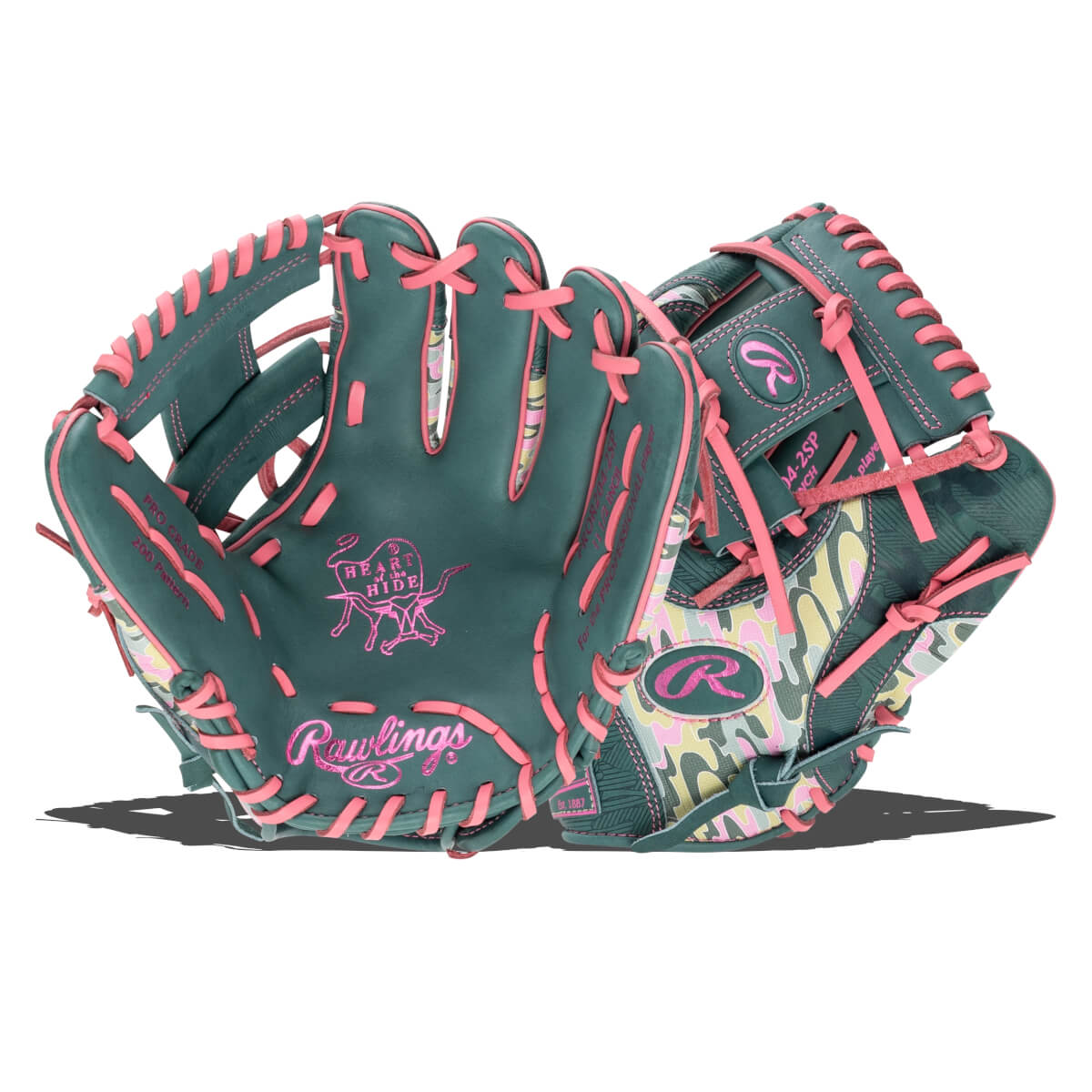 Front and back views of a teal baseball glove showcase pink laces, a pink camouflage pattern, and visible "Rawlings" and "Heart of the Hide" logos.