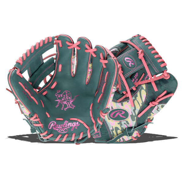 Front and back views of a teal baseball glove showcase pink laces, a pink camouflage pattern, and visible "Rawlings" and "Heart of the Hide" logos.