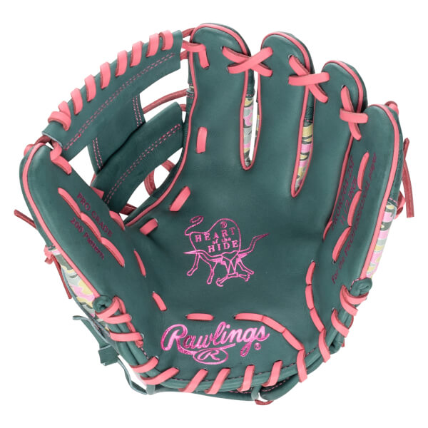 Front view of a dark teal baseball glove with pink laces, featuring the pink Rawlings and "Heart of the Hide" logos prominently displayed on the palm.