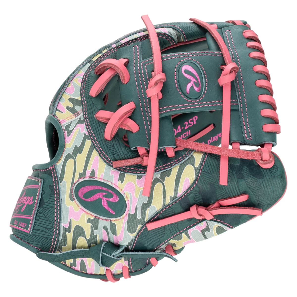 Back view of the baseball glove featuring pink and green camo, pink laces, and pink Rawlings "R" logos with "Rawlings Est. 1887" visible on the wrist.