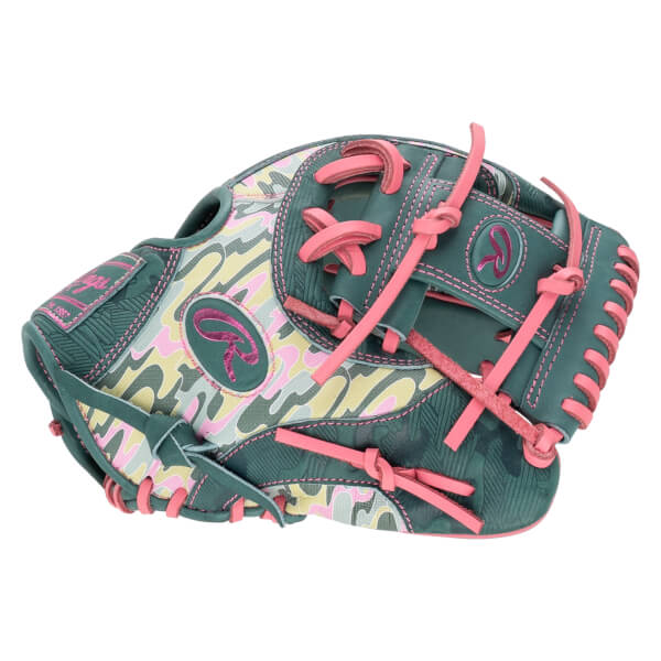 Back view of a baseball glove featuring a pink, yellow, and green camo pattern, teal leather, and pink laces with the Rawlings and R logos visible.