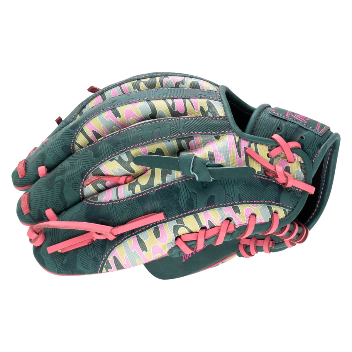 Back view of the baseball glove featuring pink, yellow, and grey camo, dark green embossed leather, pink laces, and the words "200 Pattern" and "Rawlings" in pink.