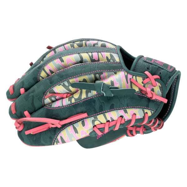 Back view of the baseball glove featuring pink, yellow, and grey camo, dark green embossed leather, pink laces, and the words "200 Pattern" and "Rawlings" in pink.