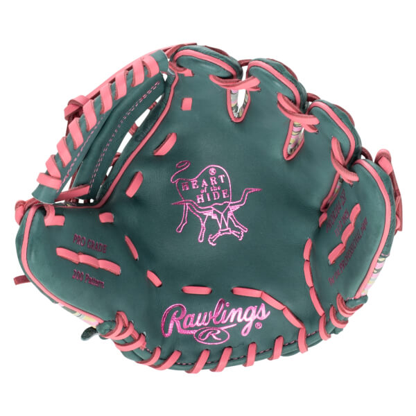 Front view of a dark green baseball glove with pink laces, featuring the pink Heart of the Hide bull logo and pink script Rawlings logo on the palm.
