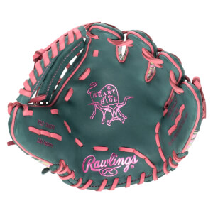 Front view of a dark green baseball glove with pink laces, featuring the pink Heart of the Hide bull logo and pink script Rawlings logo on the palm.