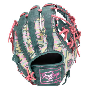 Back view of a baseball glove with a green, yellow, and pink camo pattern, pink laces, and a metallic pink Rawlings Est. 1887 patch on the wrist.