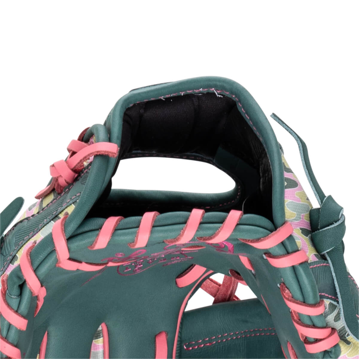 Close-up of the hand opening featuring dark green leather with pink laces, black wrist padding, and a pink signature embroidered on the inner heel.