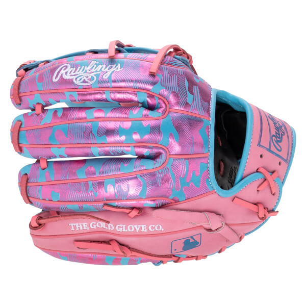 Back view of a metallic pink and blue camo baseball glove featuring the Rawlings script logo and "THE GOLD GLOVE CO." text on the thumb.
