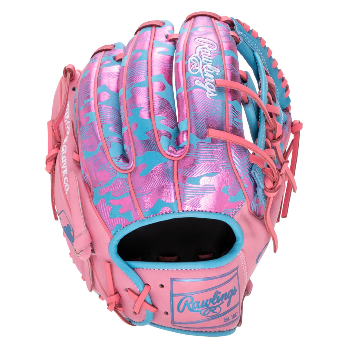 Back view of the baseball glove featuring metallic pink and light blue camo fingers and the Rawlings brand name on the pink wrist strap and index finger.