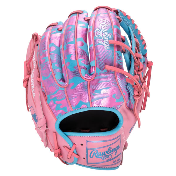 Back view of the baseball glove featuring metallic pink and light blue camo fingers and the Rawlings brand name on the pink wrist strap and index finger.