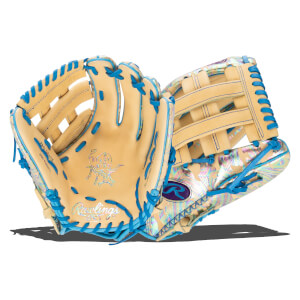 Front and back view of a tan baseball glove featuring bright blue laces, an iridescent shell, and holographic "Rawlings" and "Heart of the Hide" branding on the palm.
