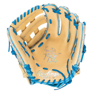 Front view of a tan baseball glove with blue laces, featuring iridescent Rawlings and Heart of the Hide logos and 'PRO GRADE' stamped on the leather.