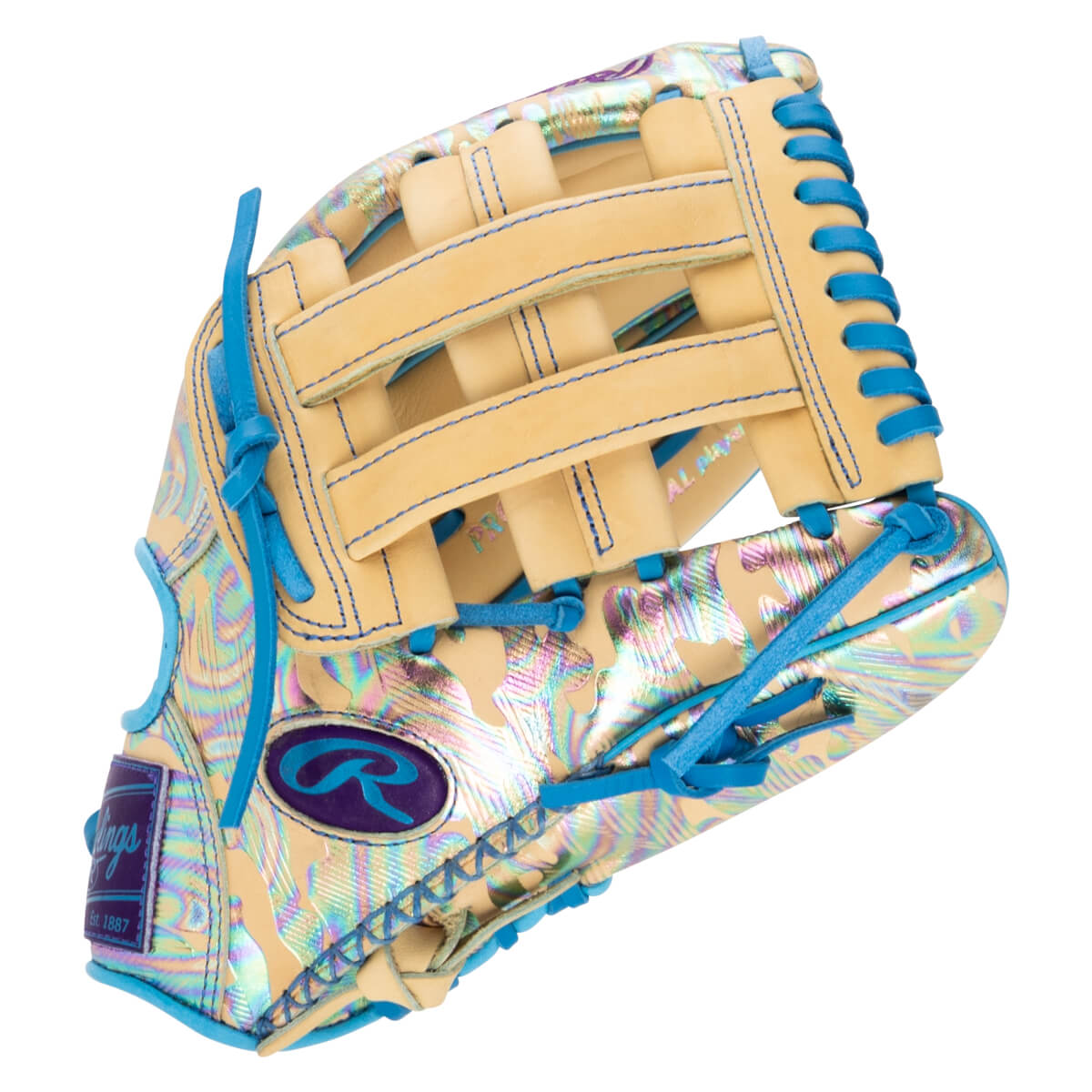 Palm view of a baseball glove with iridescent floral-patterned leather, tan H-web, blue laces, and the Rawlings R logo and Est. 1887 patch.