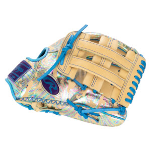 Back view of a baseball glove featuring iridescent metallic camo leather, tan webbing, blue laces, and visible "Rawlings Est. 1887" branding.