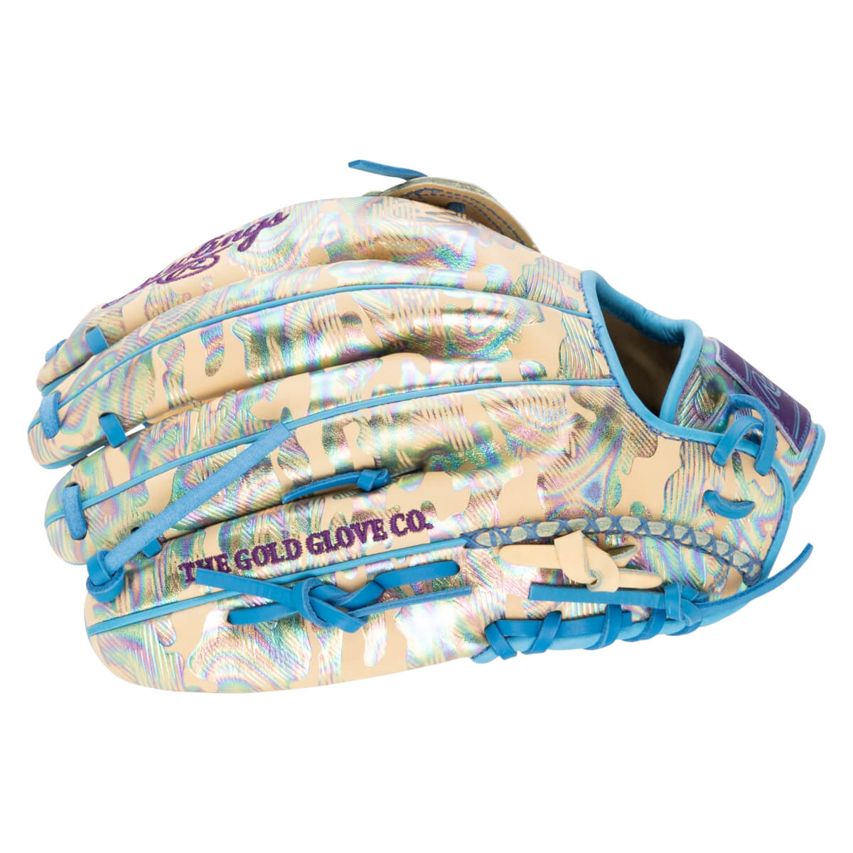 Back view of the baseball glove featuring an iridescent metallic camo pattern, blue laces, and "THE GOLD GLOVE CO." embroidered in purple.