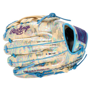 Back view of a tan baseball glove with iridescent wave patterns, light blue laces, and purple "Rawlings" and "THE GOLD GLOVE CO." embroidery.