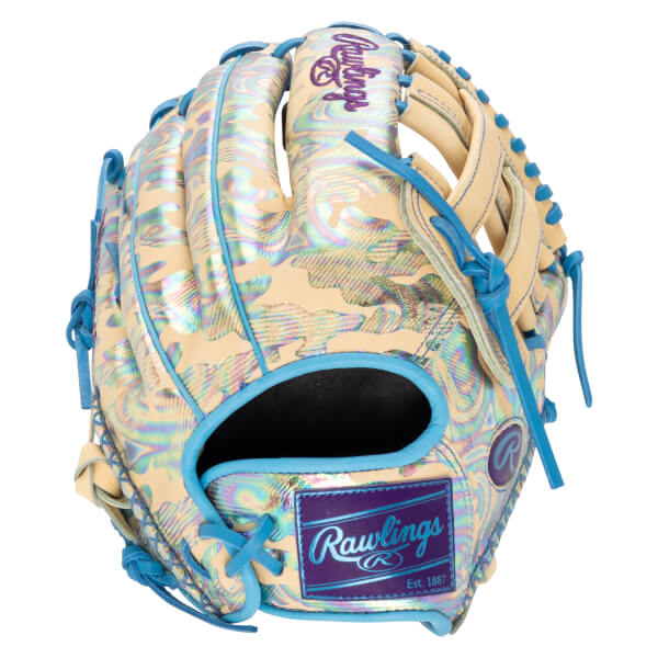 Back view of a tan baseball glove with blue laces and an iridescent camo pattern, featuring a purple patch with the blue Rawlings logo and Est. 1887 text.