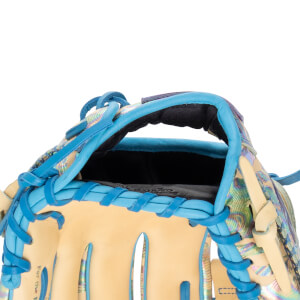 Close-up of the wrist opening shows light blue lacing, a black padded liner, and an iridescent shell with "For the" visible on the tan leather.