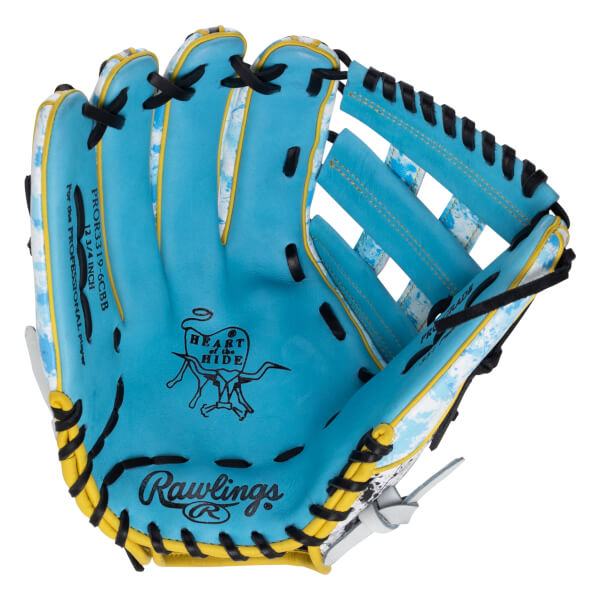 Front view of a light blue baseball glove with yellow trim, featuring the Rawlings logo and Heart of the Hide stamp on the palm and the model code PROR3319-6CBB on the thumb.