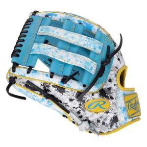 Side view of the glove featuring white leather with blue and black paint splatters, a light blue H-web, and yellow patches with the "R" and Rawlings brand logos.