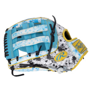 Back view of a baseball glove featuring a white and black splatter shell, blue webbing with blue splatter, yellow trim, and the Rawlings brand name and "R" logo.