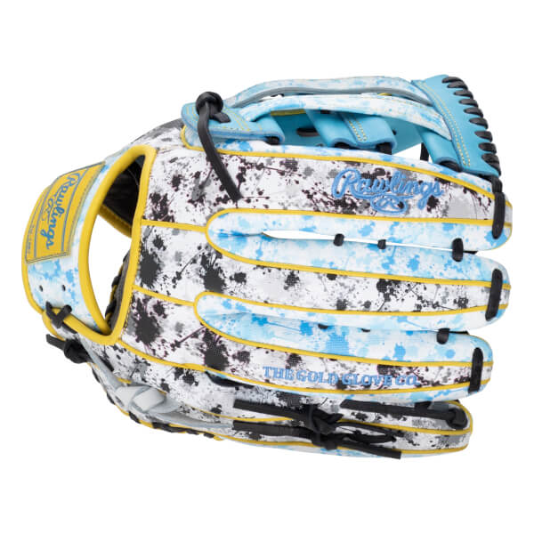 Back view of the glove featuring a white and blue paint splatter pattern with yellow trim and blue text for Rawlings and THE GOLD GLOVE CO.