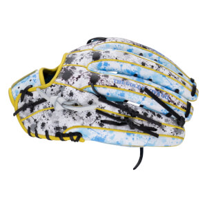 Back view of the glove featuring a white base with blue and black paint splatter, yellow piping, and "THE GOLD GLOVE CO." text on a finger.