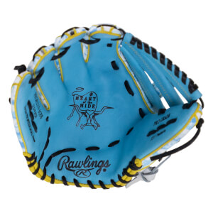 Front view of the light blue glove featuring black laces and yellow trim with the Rawlings and Heart of the Hide logos stamped in black on the pocket.
