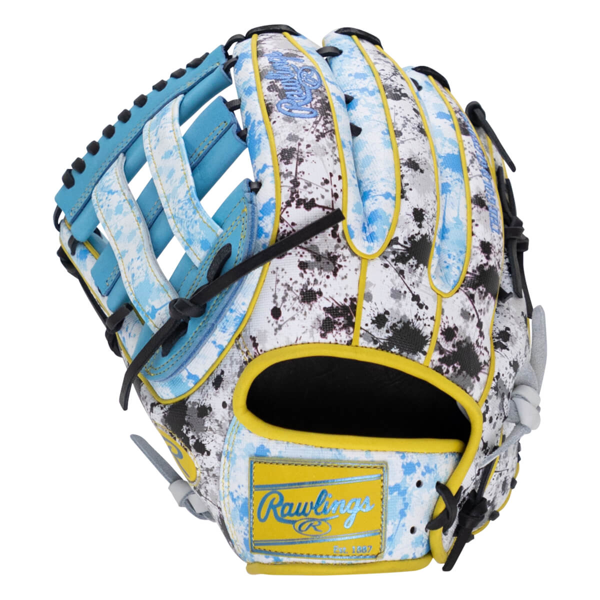 Back view of a baseball glove featuring a white and blue paint-splatter design, yellow piping, and a yellow Rawlings logo patch on the wrist.