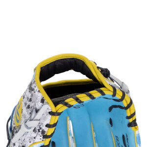 Close-up of the wrist opening features yellow trim, black laces, and a blue leather palm with the text 6CBB visible.