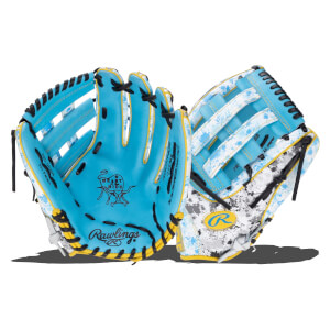Front and back views show a light blue glove with a blue and white splatter pattern, yellow accents, and the Rawlings and Heart of the Hide logos.