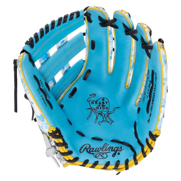 Front view of a cyan baseball glove with black laces and yellow accents, featuring "Rawlings" and "Heart of the Hide" logos on the palm.