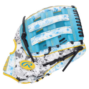 Back view of a baseball glove with a blue and white splatter pattern, yellow Rawlings R logo, black laces, and visible text reading PR, BB, and AL player.