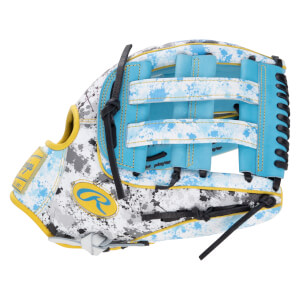 Back view of the glove featuring a white base with blue and grey paint splatter, yellow Rawlings and "R" logos, and light blue H-webbing with black laces and yellow trim.