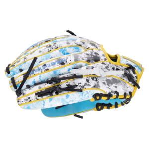 Back view of a baseball glove featuring a white, blue, and grey splatter design, yellow piping, black laces, and blue "THE GOLD GLOVE CO." text on one finger.