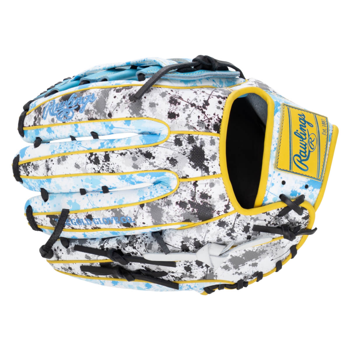 Back view of a baseball glove featuring a white base with blue and black paint splatters, yellow trim, and a yellow patch with the blue Rawlings Est. 1887 logo.