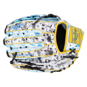 Back view of a baseball glove featuring a white base with blue and black paint splatters, yellow trim, and a yellow patch with the blue Rawlings Est. 1887 logo.