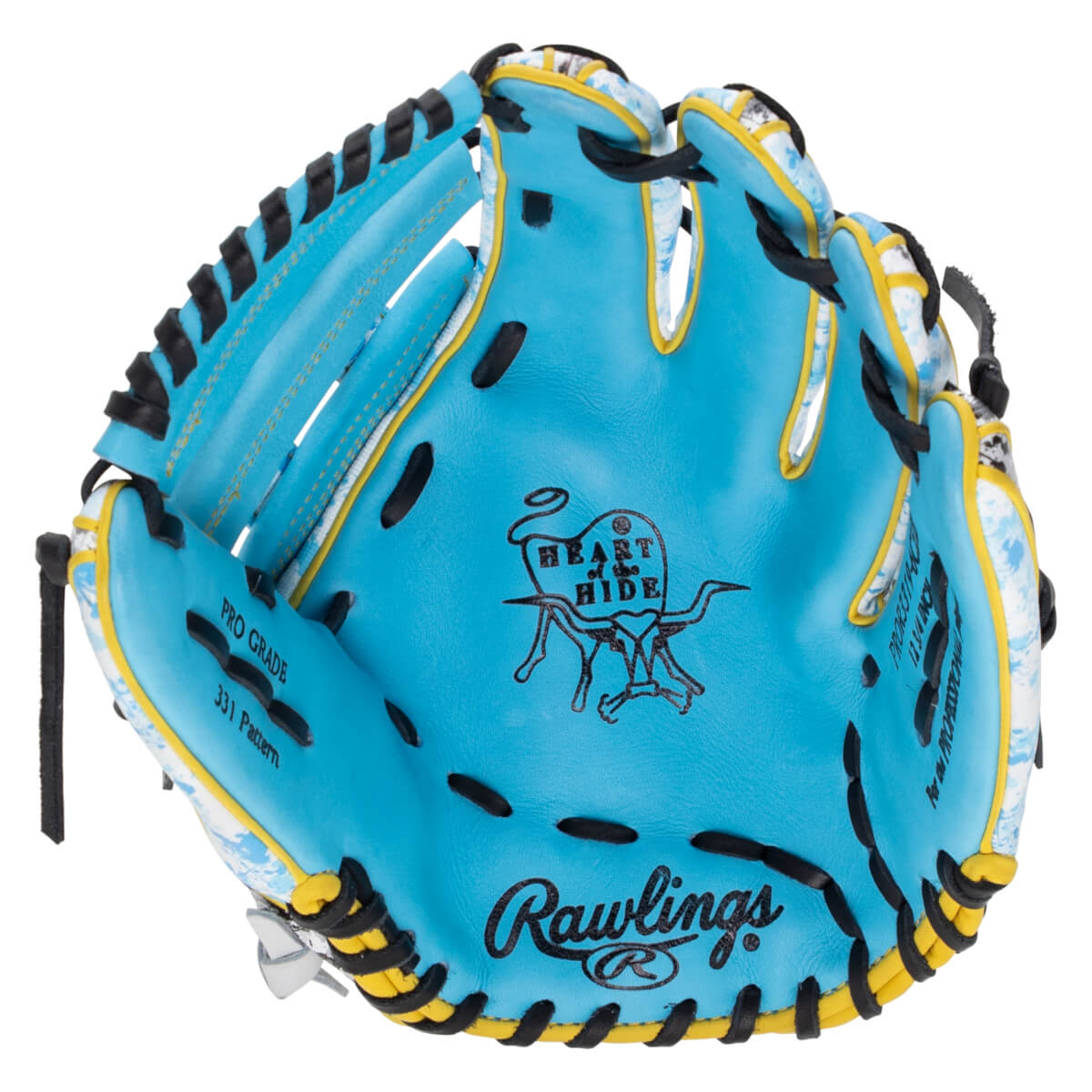 Front view of this light blue baseball glove featuring black laces, yellow trim, and the Rawlings and Heart of the Hide logos on the palm.