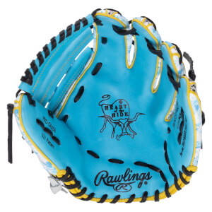 Front view of this light blue baseball glove featuring black laces, yellow trim, and the Rawlings and Heart of the Hide logos on the palm.