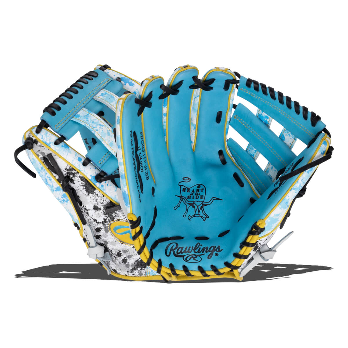 Front view of a light blue baseball glove featuring “HEART of the HIDE” and “Rawlings” text, accented by black laces and a white and blue paint-splatter patterned shell.