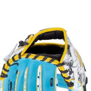 Close-up of the hand opening and blue leather palm featuring "For the PRO" and "PROR3" text, with yellow trim, black laces, and a white back shell with a splatter pattern.