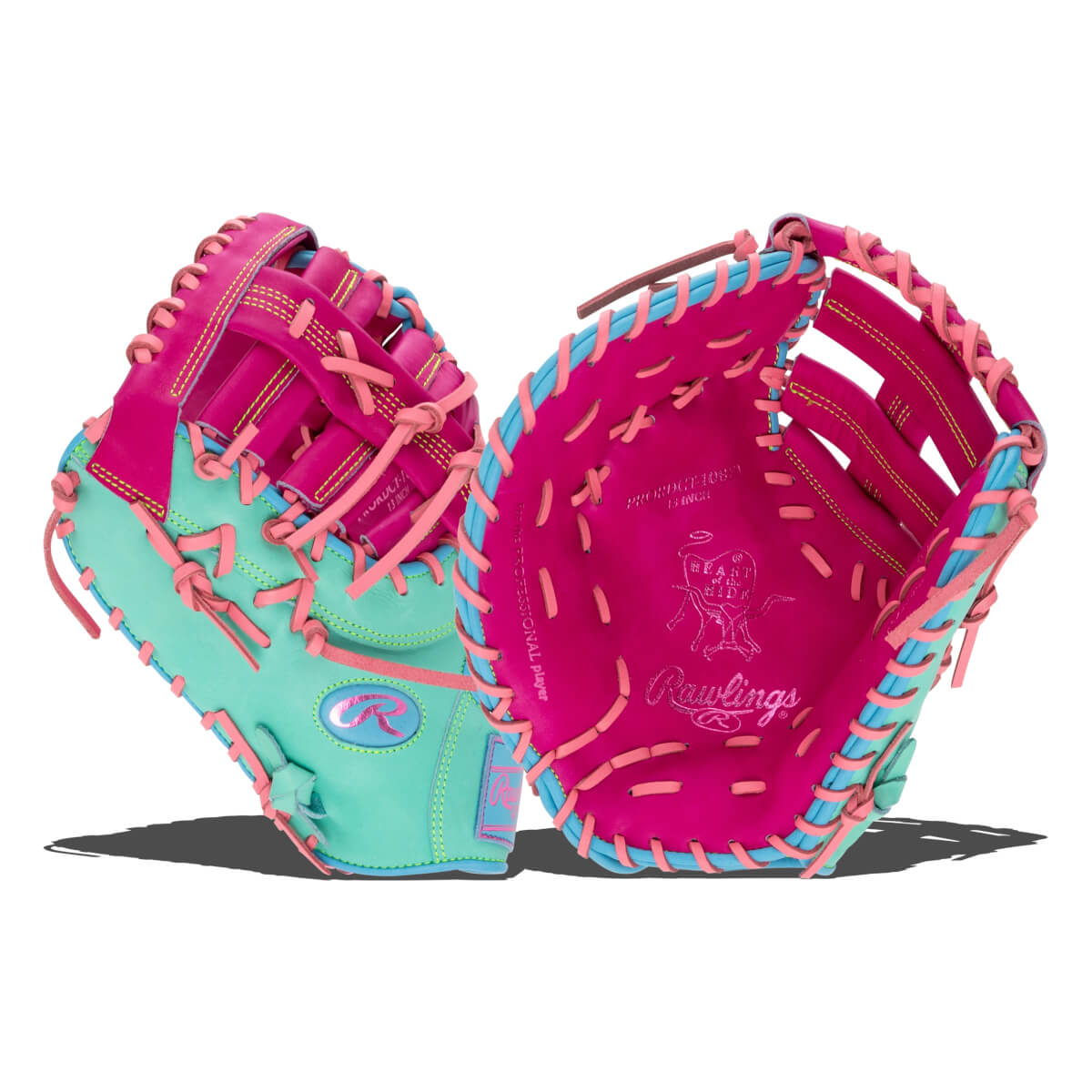Front and back views of a pink and mint green first base mitt with light blue trim, pink laces, and the "Rawlings" and "HEART of the HIDE" logos on the palm.