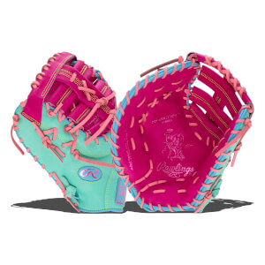 Front and back views of a pink and mint green first base mitt with light blue trim, pink laces, and the "Rawlings" and "HEART of the HIDE" logos on the palm.