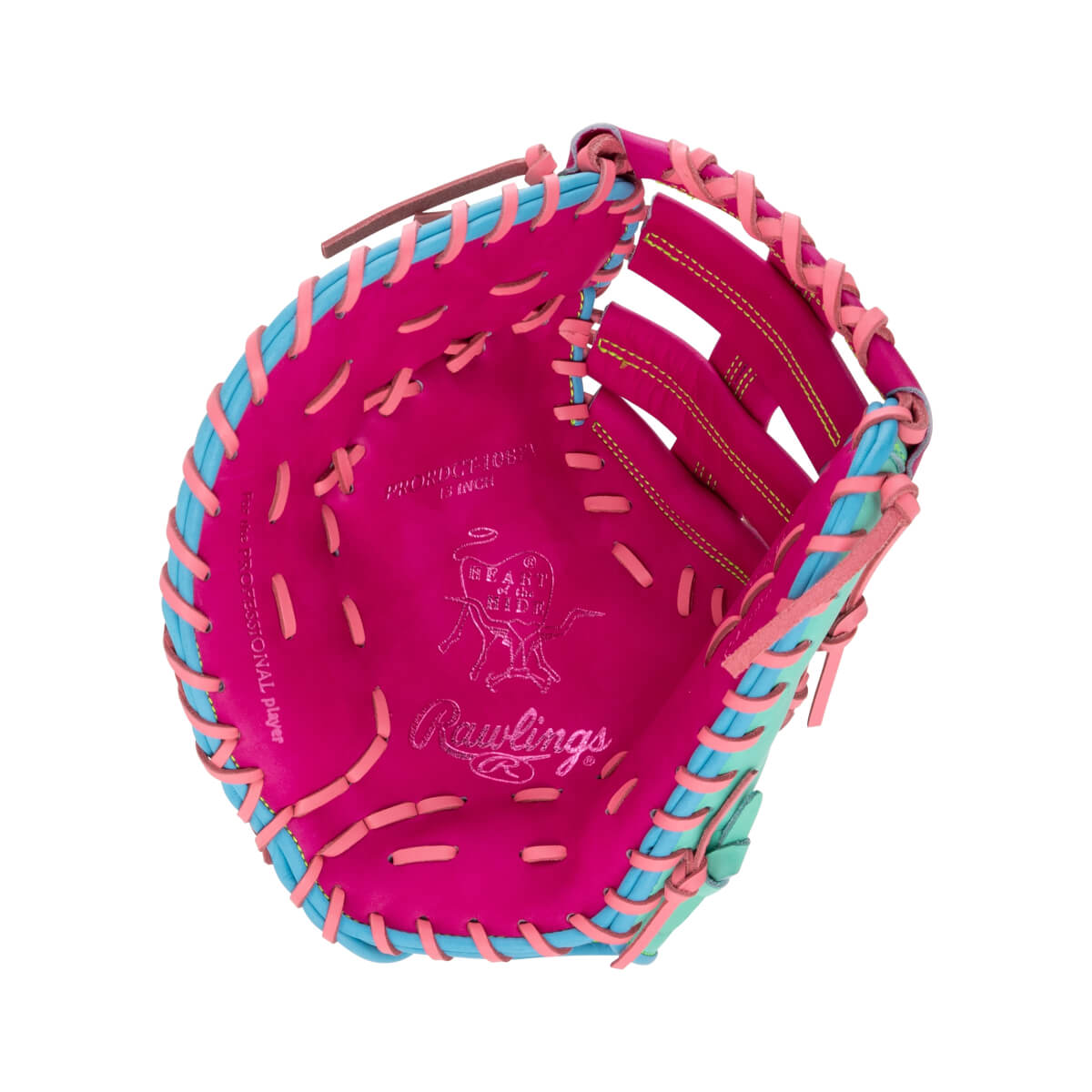 Front view of a pink 13-inch first base mitt with light blue and pink laces, featuring "Rawlings" and "Heart of the Hide" branding stamped on the palm.