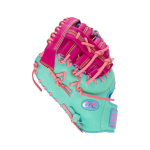 Front view of a teal and hot pink first base mitt with light pink laces, featuring the Rawlings "R" logo and the text "13 INCH" on the inner pink leather.