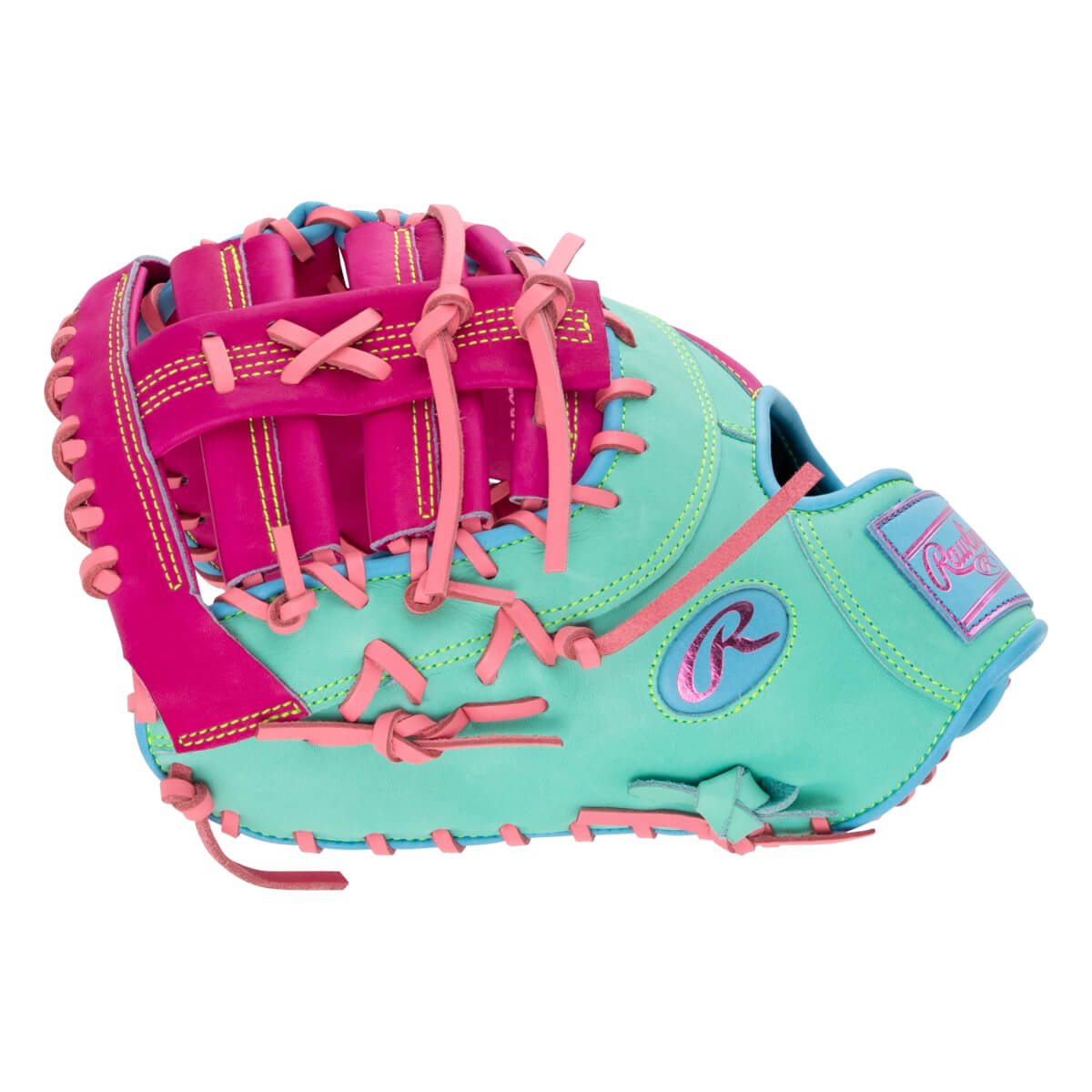 Back view of a teal first base mitt with magenta accents, light pink laces, a metallic pink "R" logo, and "Rawlings" on the wrist strap.