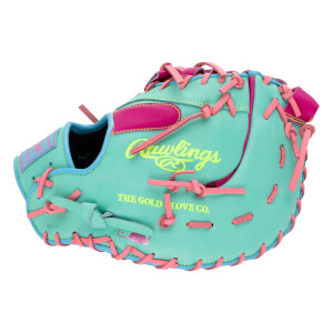 Back view of a mint green first base mitt featuring pink laces and neon yellow text that reads “Rawlings” and “THE GOLD GLOVE CO.”