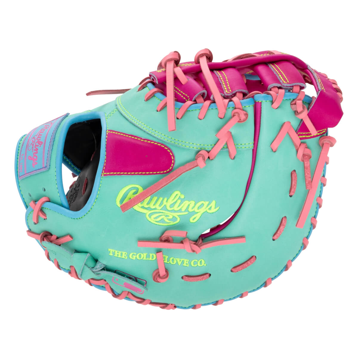 Back view of a mint green first base mitt with pink laces, magenta trim, a yellow Rawlings script logo, and the words "THE GOLD GLOVE CO."