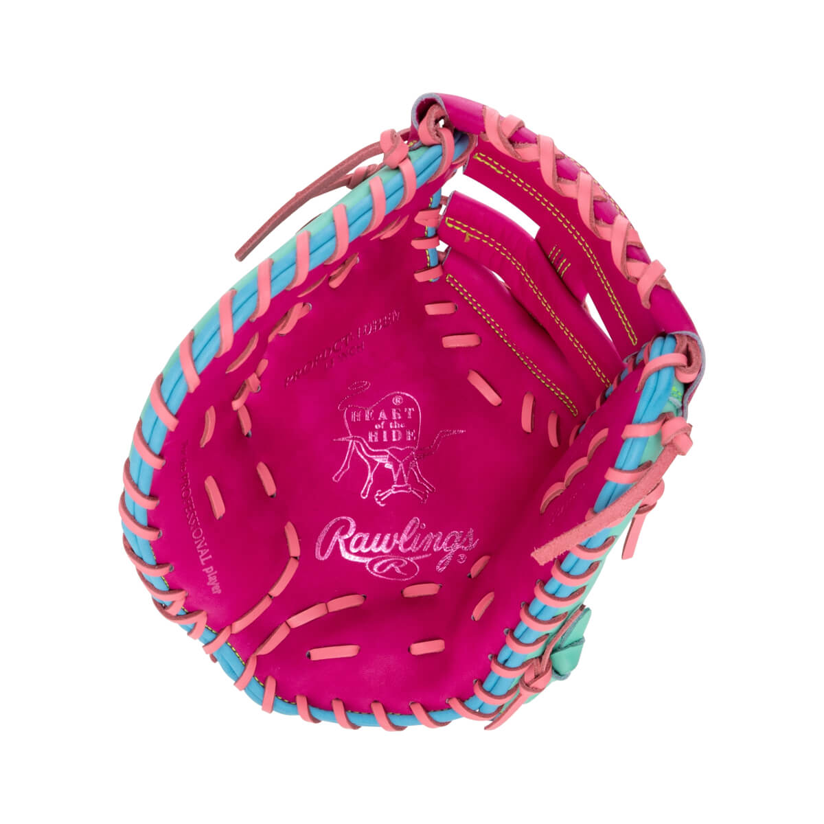 Palm view of a hot pink first base mitt with light blue and teal lacing, featuring the Rawlings and Heart of the Hide logos stamped in the center of the pocket.